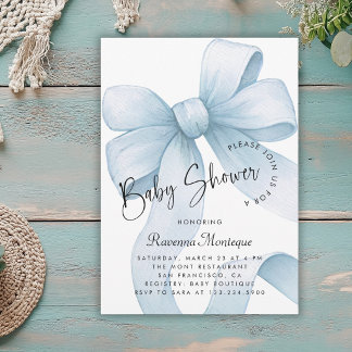 Pastel Blue Bow Coquette Modern Baby Shower  Invitation