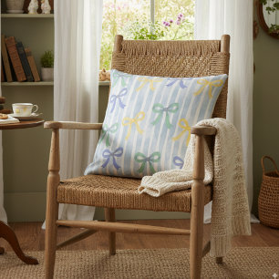 Pastel Blue Bows and Ribbons Cottage Throw Pillow