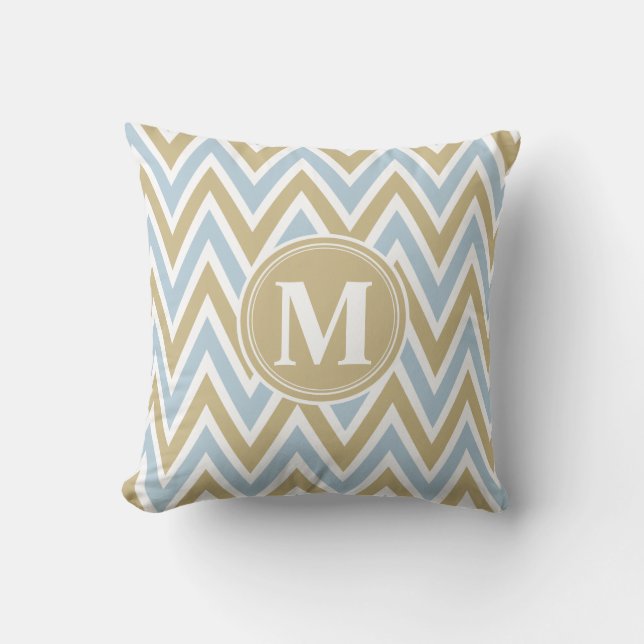 Pastel Blue & Brown Chevron Monogram Throw Pillow (Front)