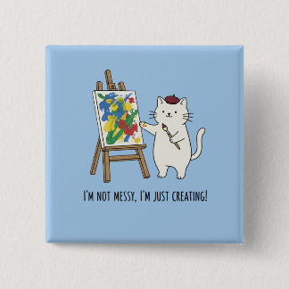 Pastel Blue Cat Artist Painting Abstract Messy  2 Inch Square Button