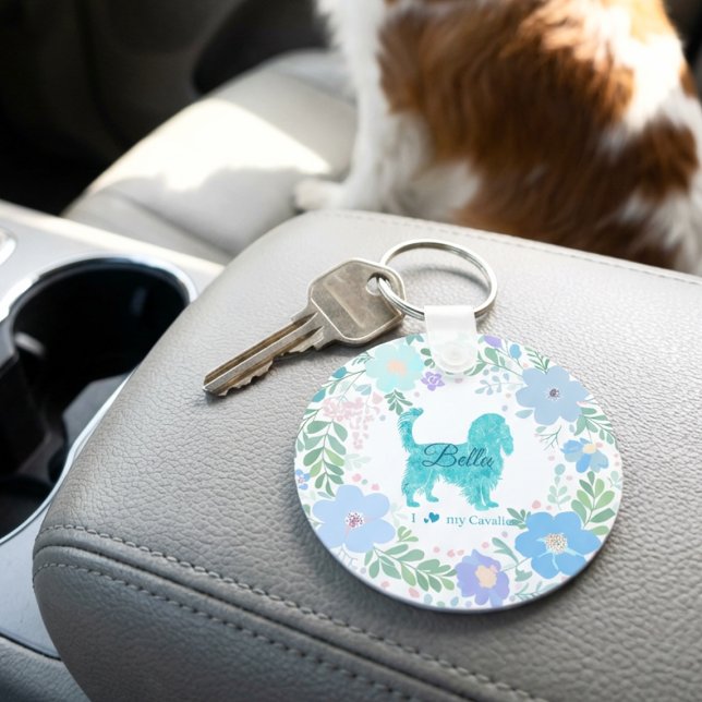 Pastel Blue Cavalier King Charles Spaniel Floral  Keychain (Creator Uploaded)
