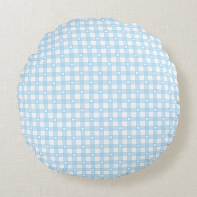 Pastel Blue Checks Round Pillow (Front)