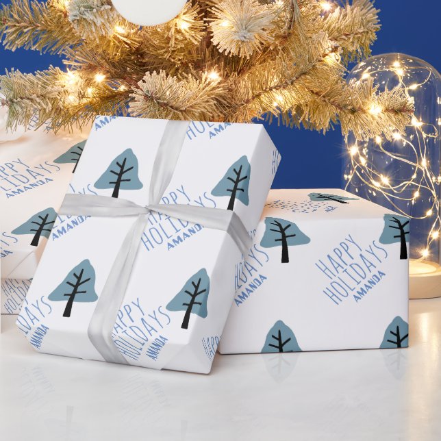 Pastel Blue Cookie Tree Bell Happy Holidays Wrapping Paper (Holidays)