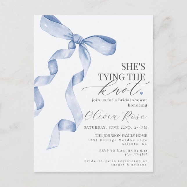 Pastel Blue Coquette Bow Bridal Shower Invite Postcard (Front)