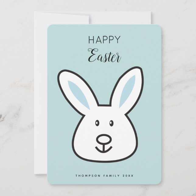 Pastel Blue Cute Easter Bunny Illustration Holiday Card (Front)