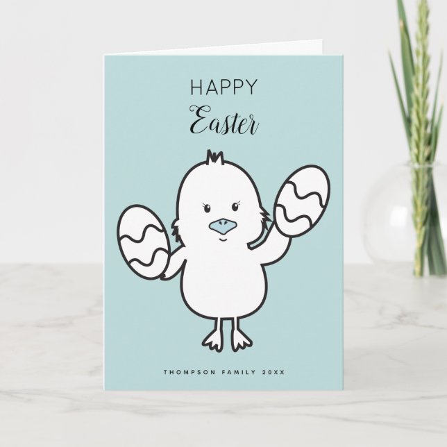 Pastel Blue Cute Easter Chick & Eggs Illustration  Holiday Card (Front)
