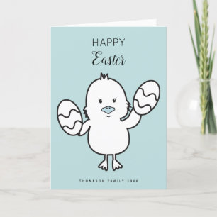 Pastel Blue Cute Easter Chick & Eggs Illustration Holiday Card