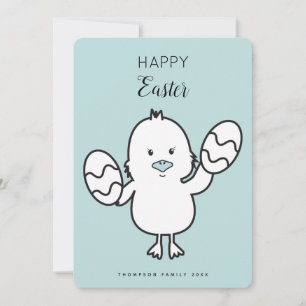 Pastel Blue Cute Easter Chick & Eggs Illustration Holiday Card