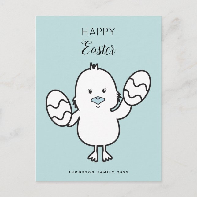 Pastel Blue Cute Easter Chick & Eggs Illustration Holiday Postcard (Front)