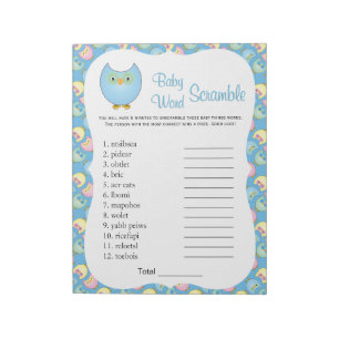Pastel Blue Cute Owl Baby Shower Theme Word Game 2 Notepad