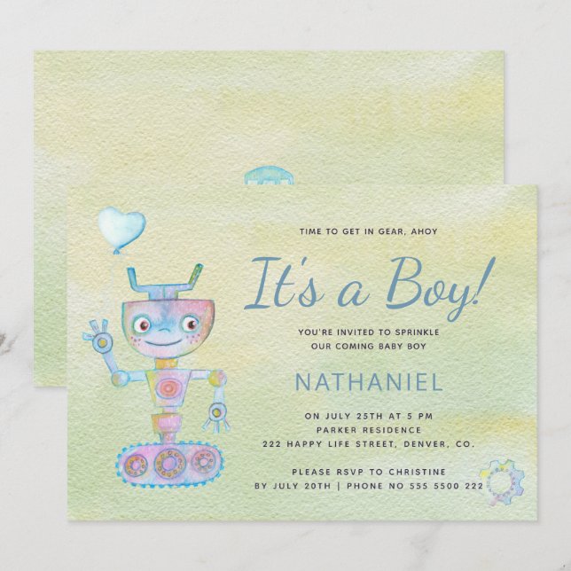 Pastel blue cute robot it's a boy baby shower invitation (Front/Back)