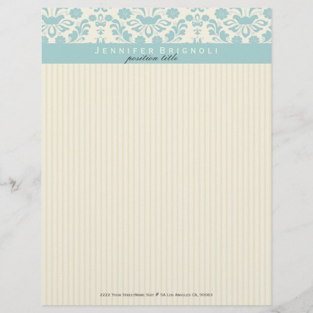 Pastel Blue Damasks And Beige Stripes Letterhead (Front)