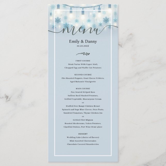 Pastel Blue Elegant Botanique Mariage Menu (Devant)