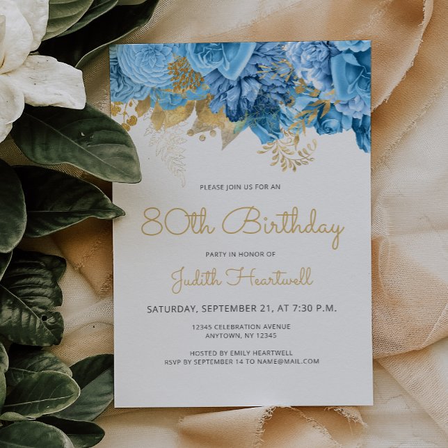Pastel Blue Floral 80th Birthday Party Invitation (Creator Uploaded)