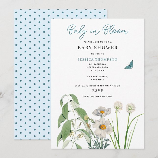 Pastel Blue Floral Baby in Bloom Baby Shower Invitation (Front/Back)