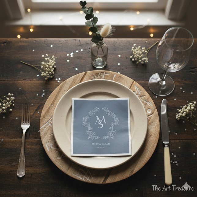 Pastel Blue Floral Crest Frame Elegant  Napkin (Creator Uploaded)