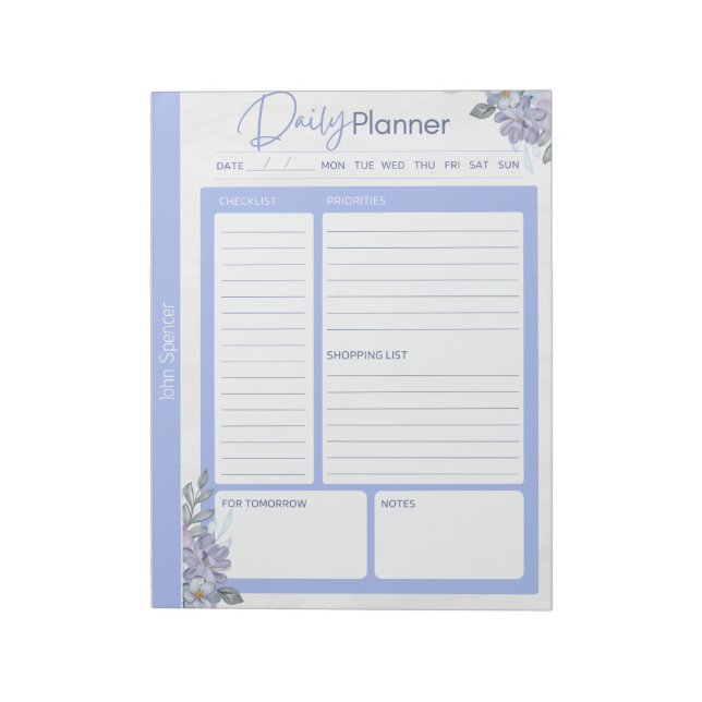 Pastel Blue Floral Daily Planner Notepad (Rotated)
