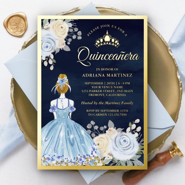 Pastel Blue Floral Dress Navy Quinceanera Gold (Creator Uploaded)