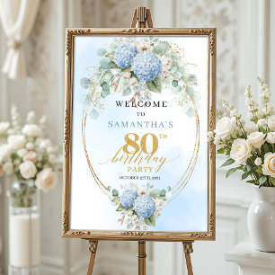 Pastel Blue Floral Eucalyptus 80 birthday welcome Poster