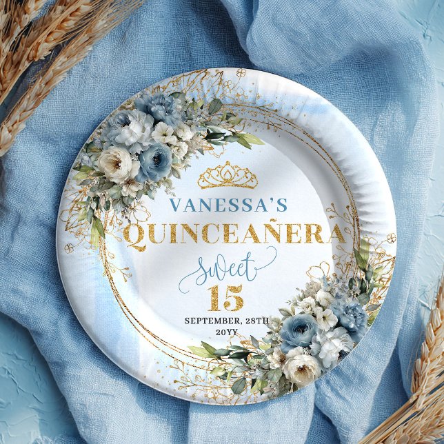 Pastel Blue Floral Eucalyptus Gold Custom Plates (Pastel Blue Floral Eucalyptus Gold Custom Plates)