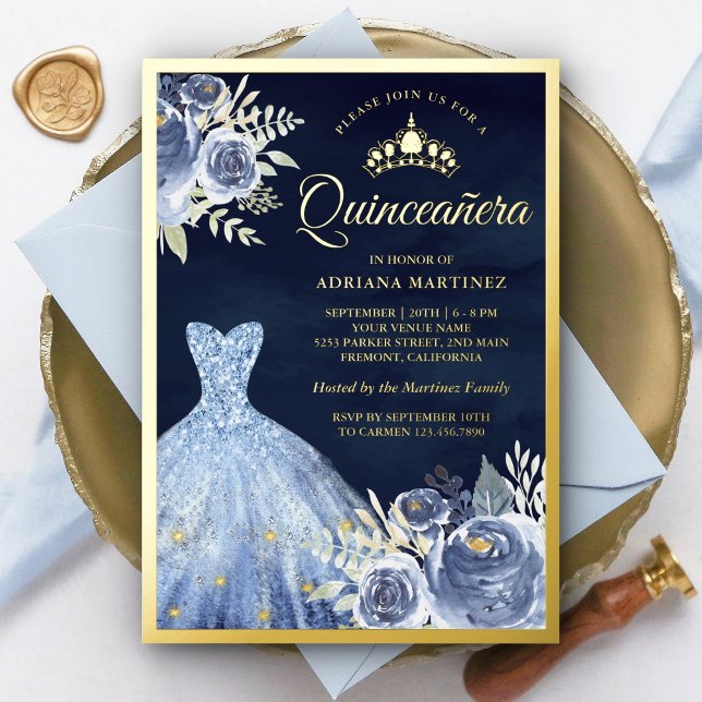 Pastel Blue Floral Gown Navy Quinceanera Gold (Creator Uploaded)