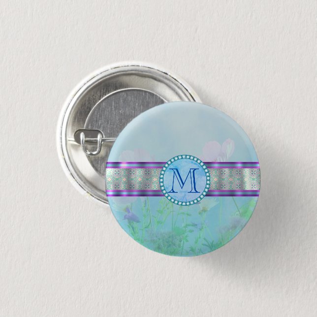 Pastel Blue Floral Monogram 1 Inch Round Button (Front & Back)