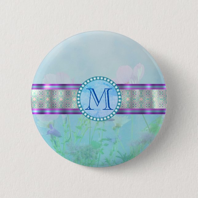 Pastel Blue Floral Monogram 2 Inch Round Button (Front)