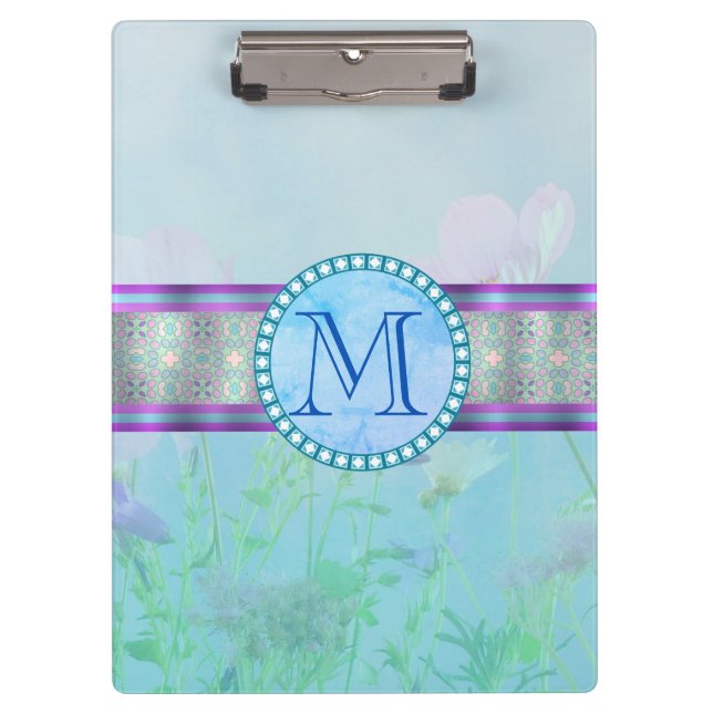 Pastel Blue Floral Monogram Clipboard (Front)
