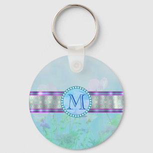Pastel Blue Floral Monogram Keychain