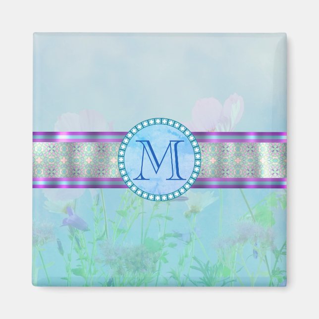Pastel Blue Floral Monogram Magnet (Front)