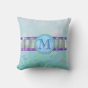 Pastel Blue Floral Monogram Throw Pillow