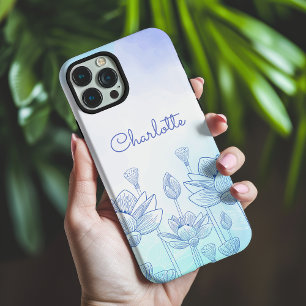 Pastel Blue Floral Name Botanical Line Art iPhone 16 Pro Max Case