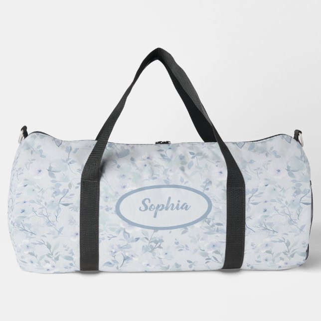 Pastel Blue Floral Pattern Duffle Bag (Front)