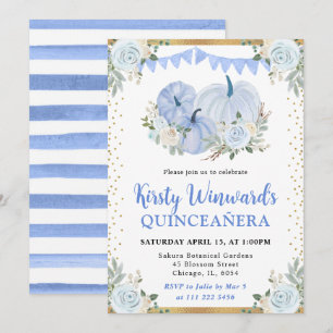Pastel Blue Floral Pumpkins Fall Quinceanera Invitation