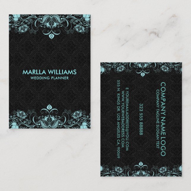 Pastel Blue Floral Swirls Black Background Business Card (Front/Back)