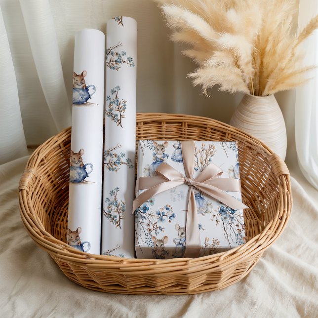 Pastel Blue Floral Tea Mice Wrapping Paper Sheet (Creator Uploaded)