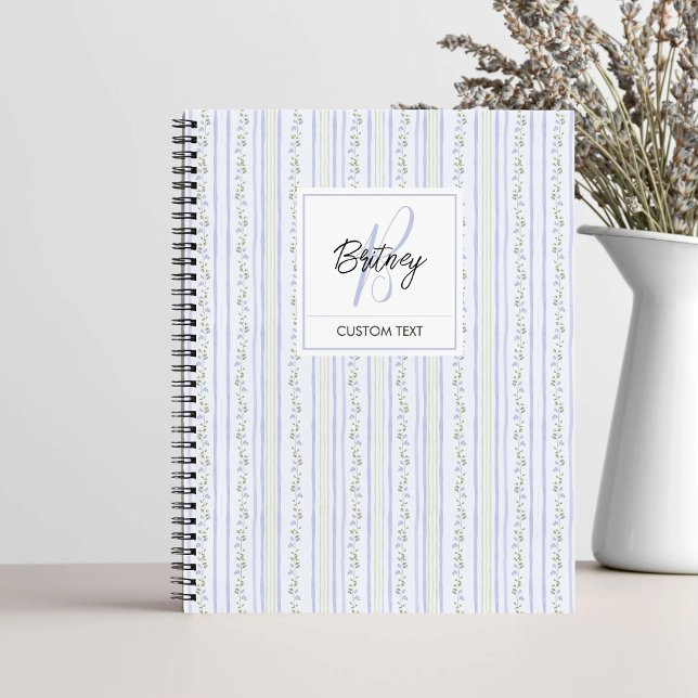 Pastel Blue Flowers and Stripes Coquette Monogram  Notebook (Creator Uploaded)