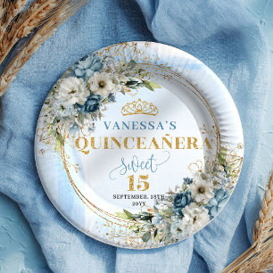 Pastel Blue Flowers Eucalyptus Gold Custom Quince  Paper Plate
