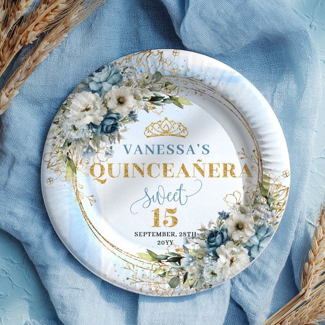 Pastel Blue Flowers Eucalyptus Gold Custom Quince  Paper Plate (Pastel Blue Flowers Eucalyptus Gold Custom Quince Plates)