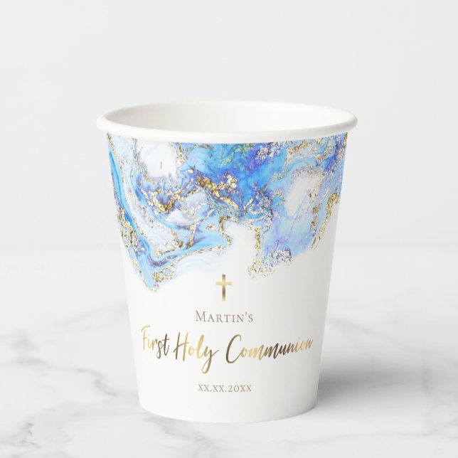 pastel blue fluid marble  First Holy Communion  Paper Cups (Front)