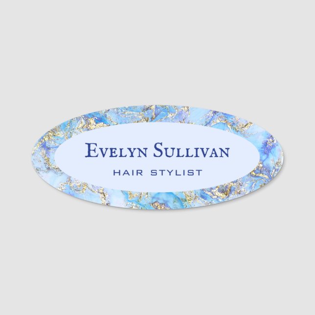 Pastel Blue Fluid Marble Name Tag (Front)