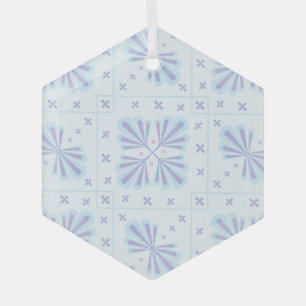Pastel Blue Geometric Floral Repeat Pattern  Glass Ornament