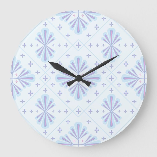 Pastel Blue Geometric Floral Repeat Pattern  Large Clock (Front)