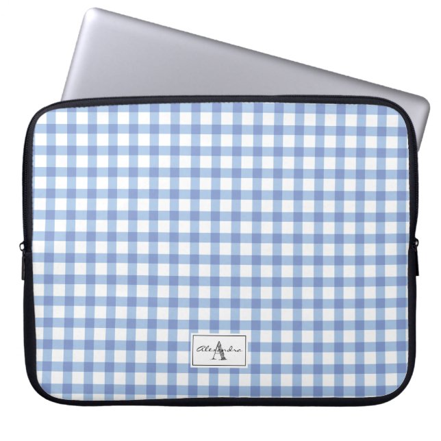 Pastel Blue Gingham Plaid Checked Pattern Monogram Laptop Sleeve (Front)