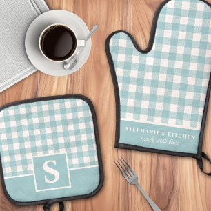 Pastel Blue Gingham Plaid Chequered Monogrammed Oven Mitt & Pot Holder Set