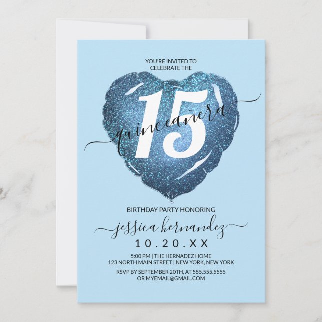 Pastel Blue Glitter Heart Balloon Quinceañera Invitation (Front)