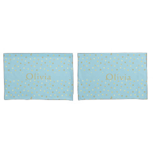 Pastel Blue Gold Confetti Dots Personalized  Pillowcase