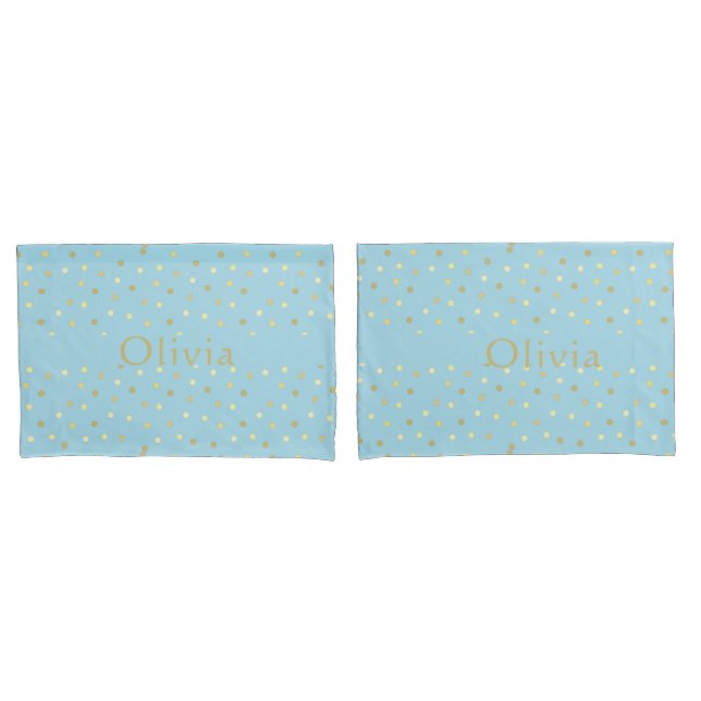 Pastel Blue Gold Confetti Dots Personalized  Pillowcase (Front-Set)