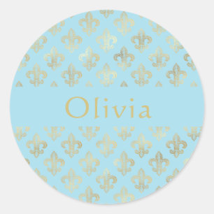 Pastel Blue Gold Fleur De Lis Personalized Classic Round Sticker
