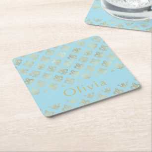 Pastel Blue Gold  Fleur De Lis Personalized Square Paper Coaster